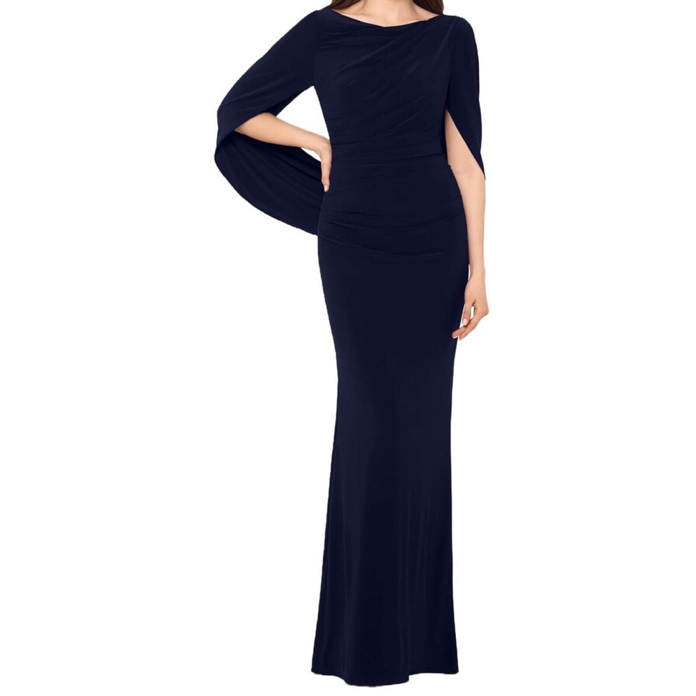 Sz 16 Betsy & Adam  Long Stretchy 3/4 Sleeve Cowl Neck Drape‎ Back Gown, NAVY